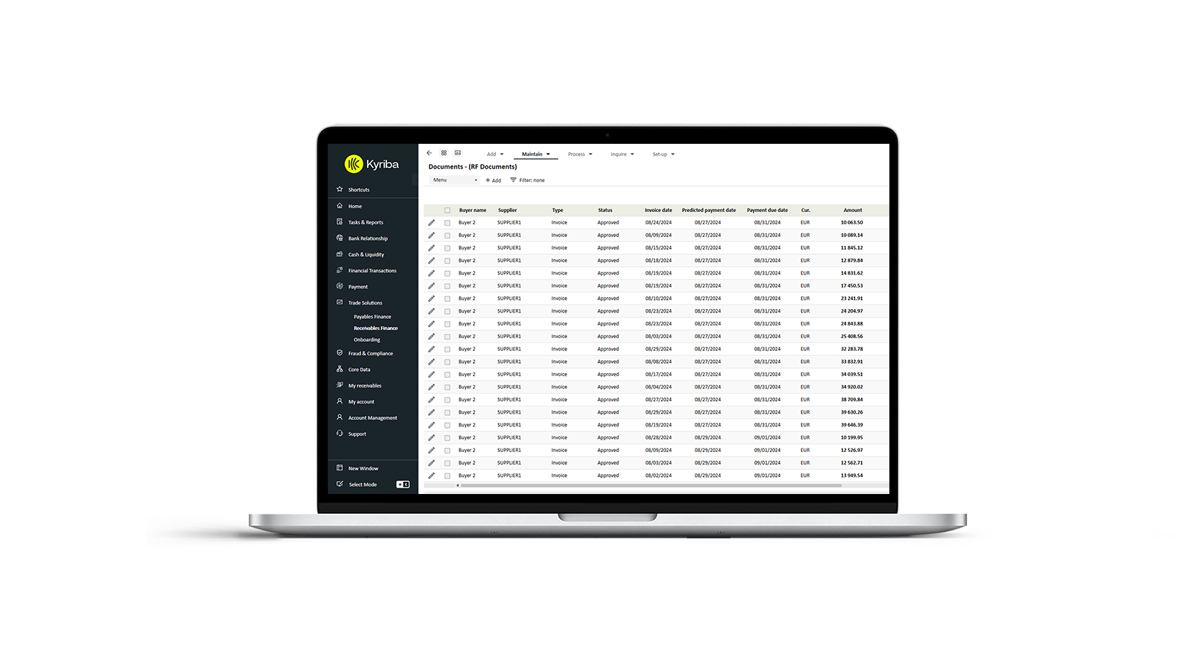 Compare invoice dates with AI predicted payment dates in Kyriba Receivables Finance.